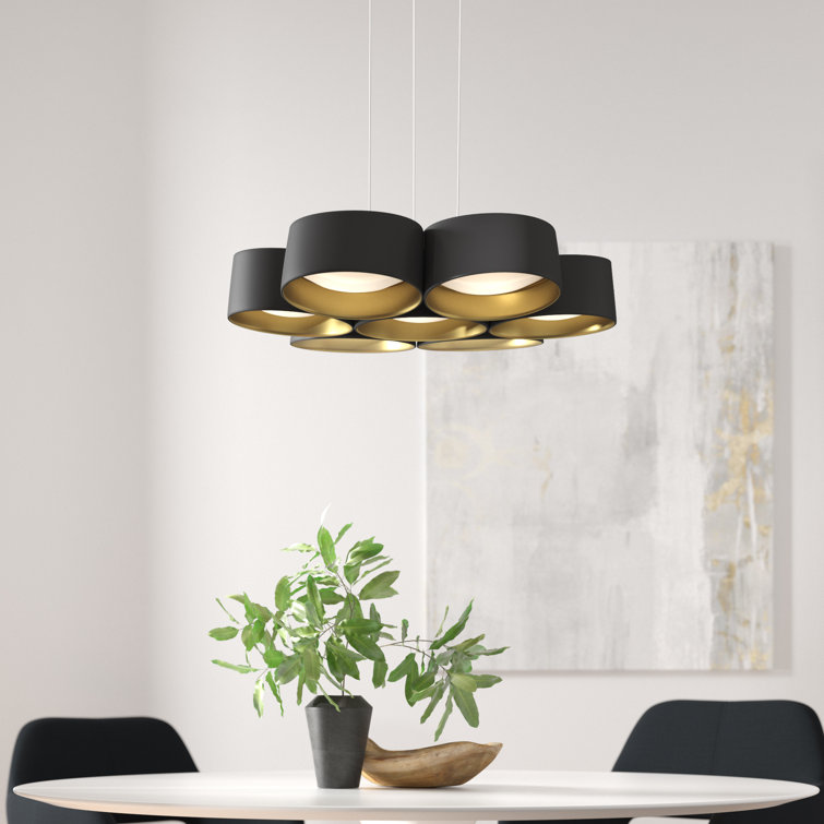 Black Gold Leaf 7-Light Drum Chandelier with Opal Glass