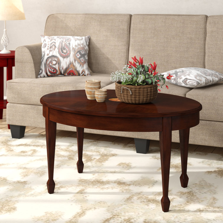 Cherry Oval Wood Coffee Table with Maple Inlay
