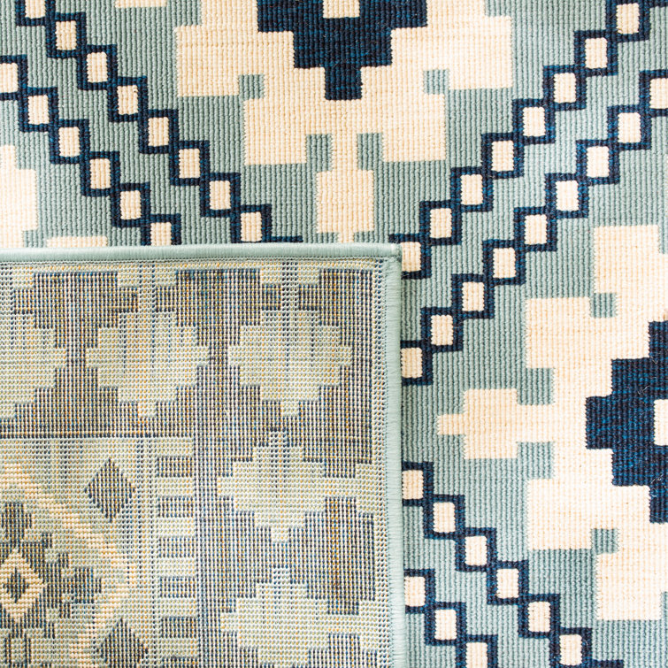 Ivory and Blue Square Synthetic Southwestern Rug