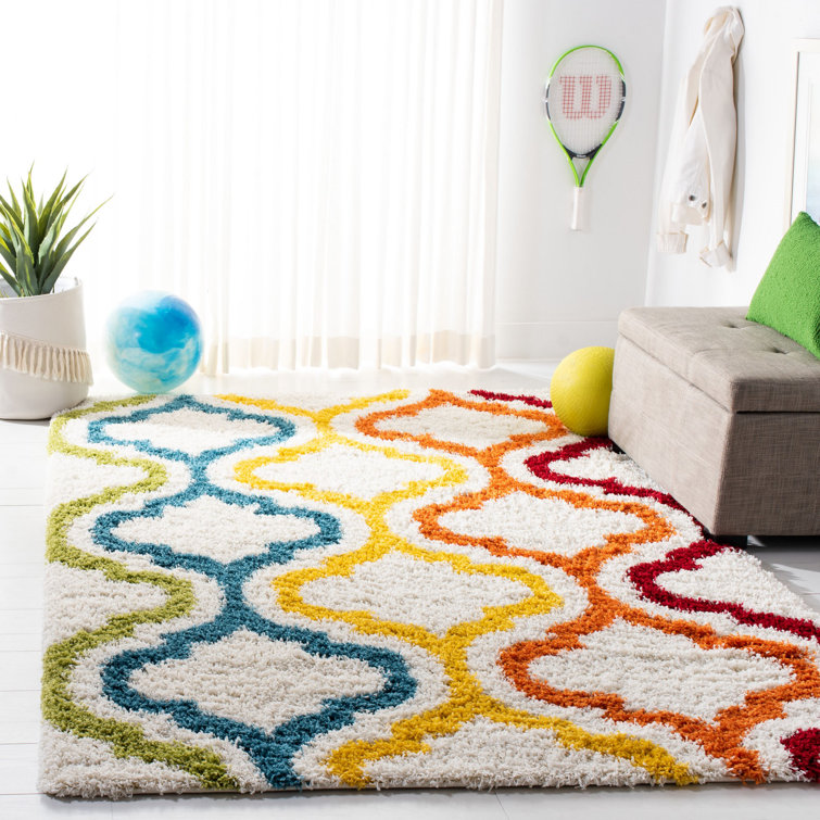 Ivory and Multicolor Round Shag Kids Rug, Synthetic Material, 5'3" x 7'6"