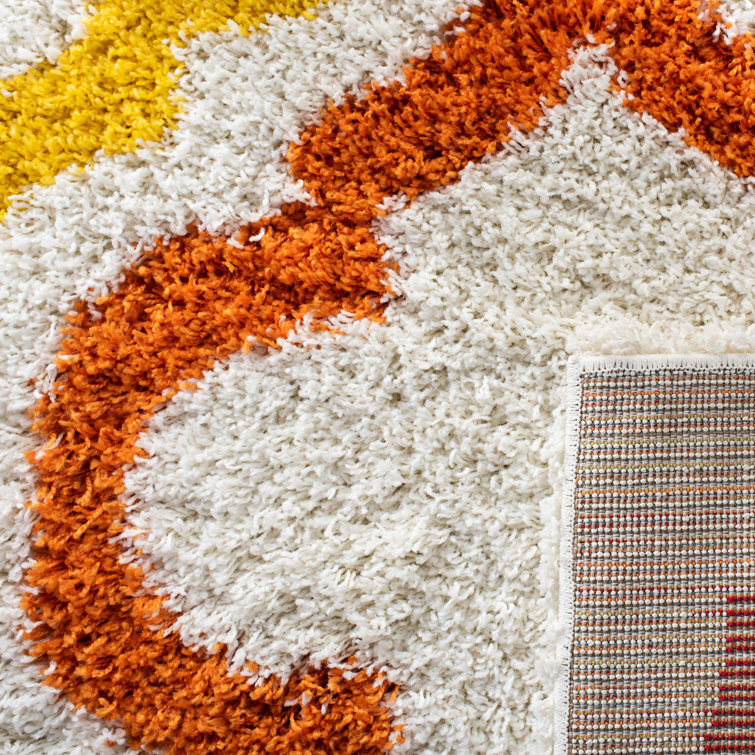Ivory and Multicolor Round Shag Kids Rug, Synthetic Material, 5'3" x 7'6"