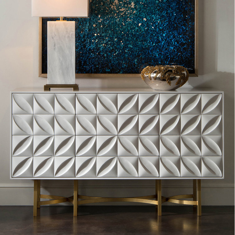 Contemporary Ghost White 61'' Carved Petal Credenza with Bronze Stand