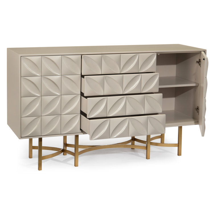 Contemporary Ghost White 61'' Carved Petal Credenza with Bronze Stand