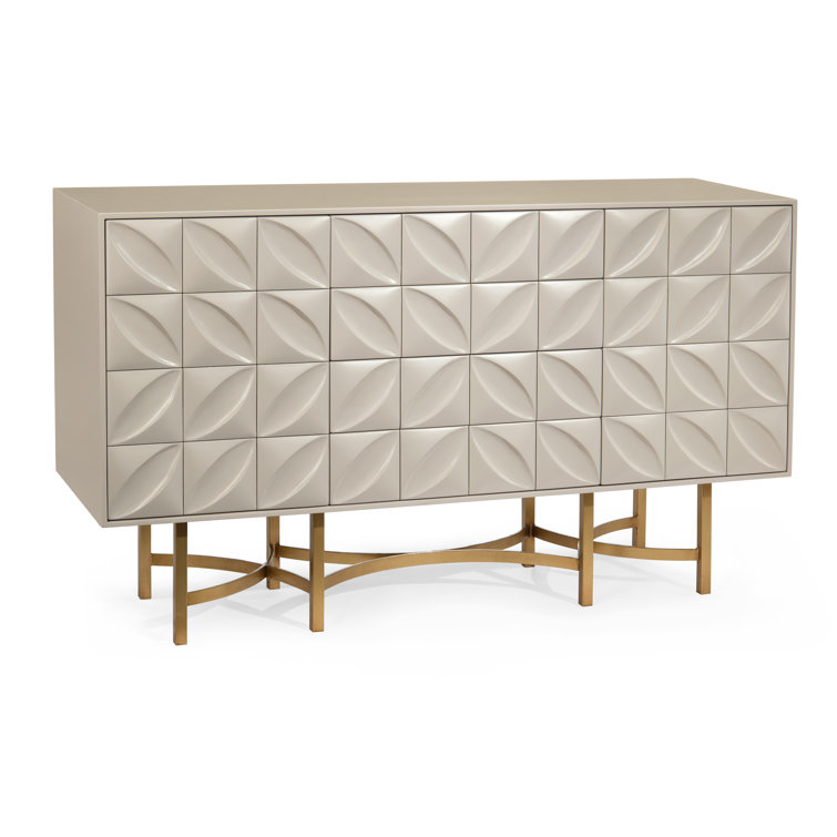 Contemporary Ghost White 61'' Carved Petal Credenza with Bronze Stand