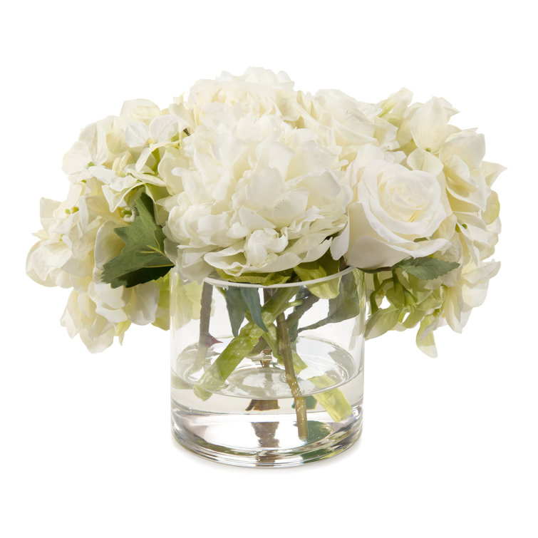 Elegant 9'' White Hydrangea, Peony & Rose Faux Flower Arrangement in Glass