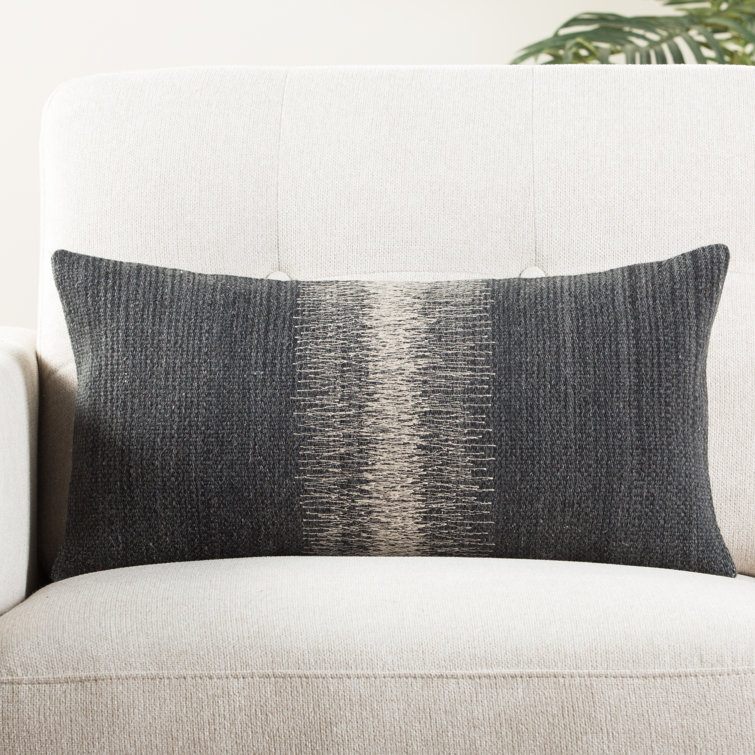 Black and Gray Embroidered Wool Lumbar Pillow 12"