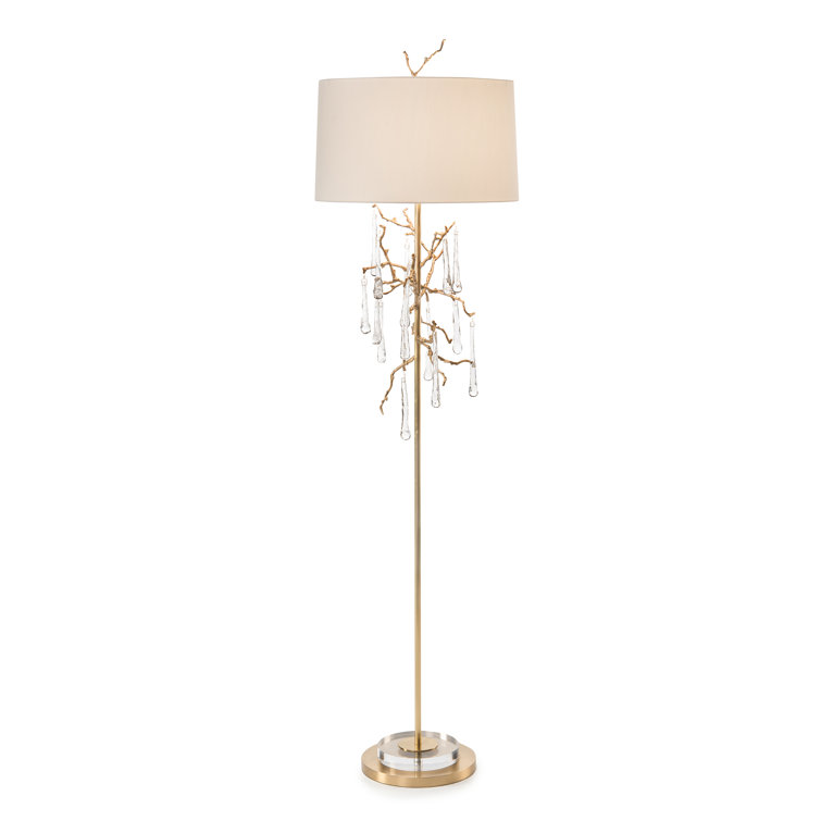 Antique Brass Crystal Drip Floor Lamp with White Silk Shade