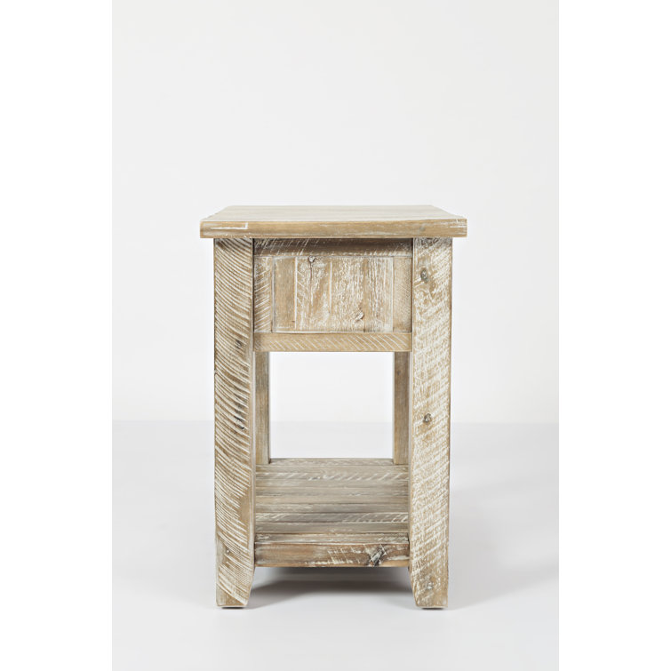 Washed Gray Solid Acacia Wood End Table with Storage