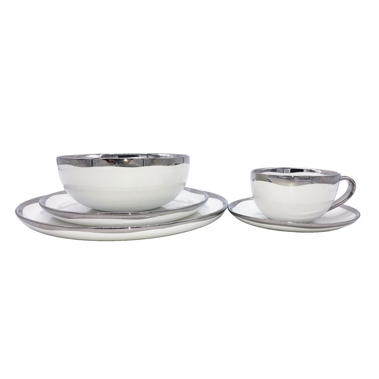 Dauville White Porcelain Dinnerware Set with Silver Rim, Service for 1