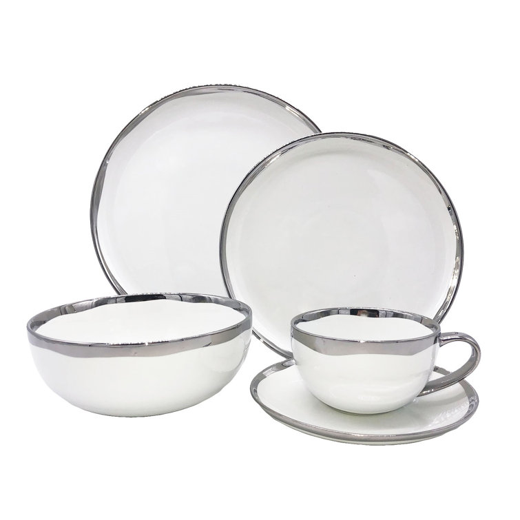 Dauville White Porcelain Dinnerware Set with Silver Rim, Service for 1