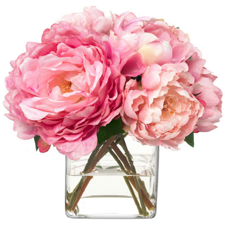 Pink Peony Faux Flower Arrangement in Glass Vase