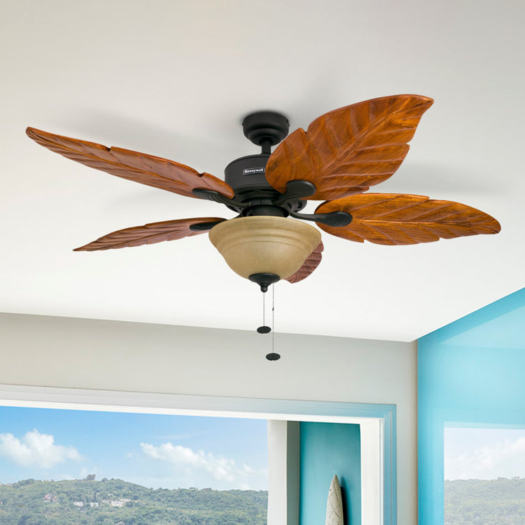 52" Bronze Tropical Ceiling Fan with Hand-Carved Wood Blades
