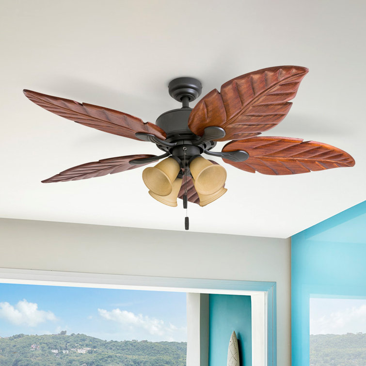 52" Bronze Tropical Ceiling Fan with Hand Carved Blades and LED Light