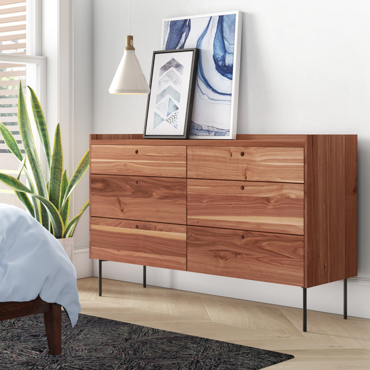 Rustic Walnut Mid-Century Double Dresser with Soft Close Drawers