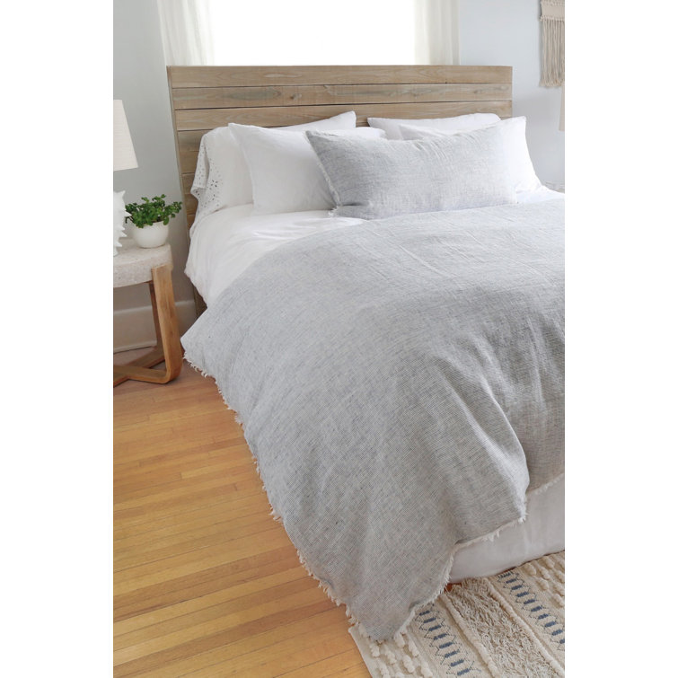 Logan Navy Stripe Linen Queen Duvet Cover with Frayed Edges