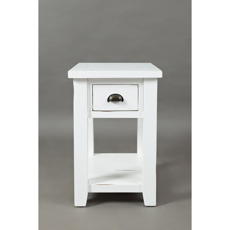 Weathered White Solid Acacia Wood End Table with Storage