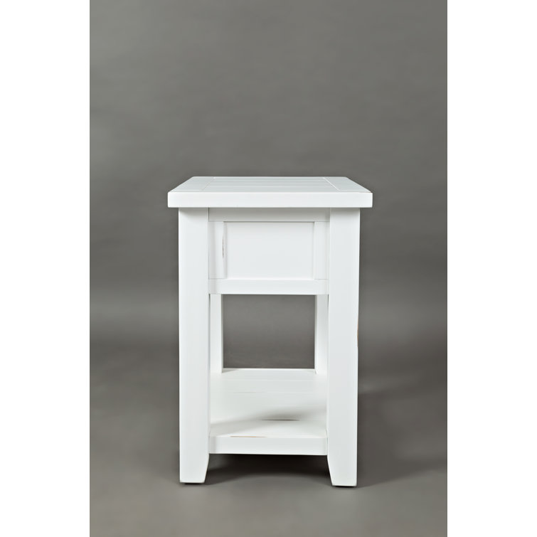 Weathered White Solid Acacia Wood End Table with Storage