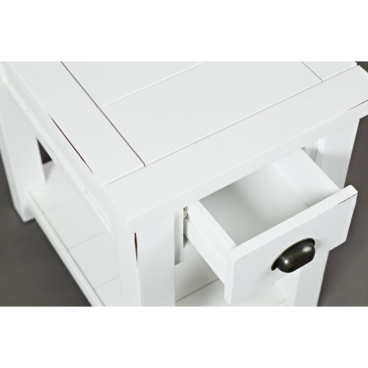Weathered White Solid Acacia Wood End Table with Storage