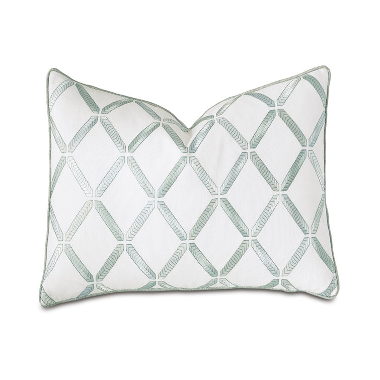 White and Green Cotton Blend Rectangular Embroidered Lumbar Pillow