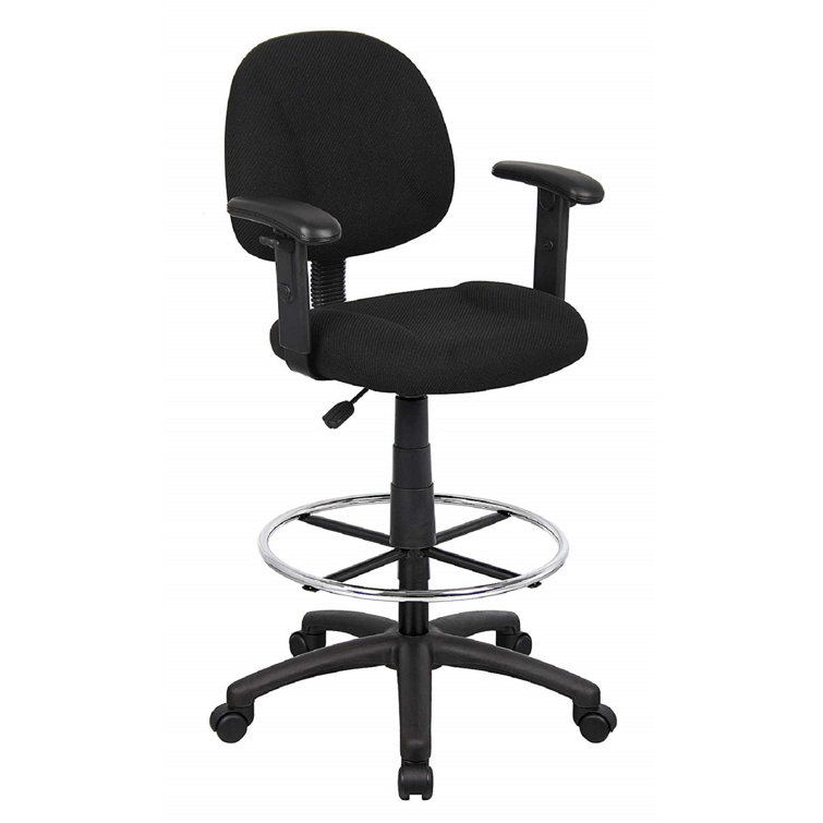 ErgoComfort Black Tweed Drafting Stool with Adjustable Arms and Chrome Footring