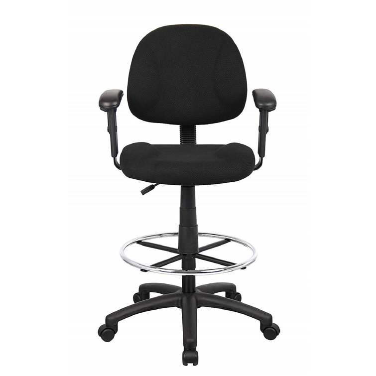 ErgoComfort Black Tweed Drafting Stool with Adjustable Arms and Chrome Footring