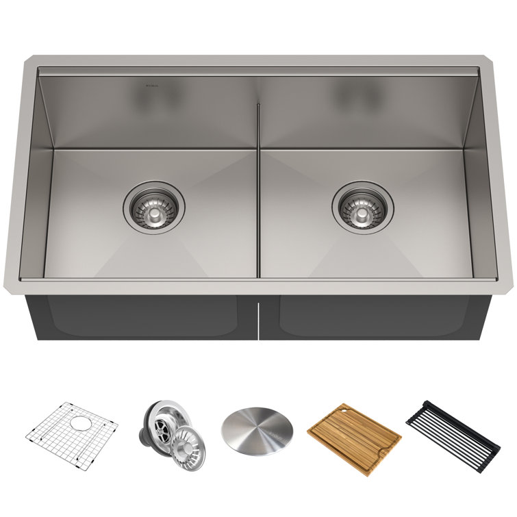 Kore 33-Inch Stainless Steel Undermount Double Bowl Kitchen Sink with Accessories