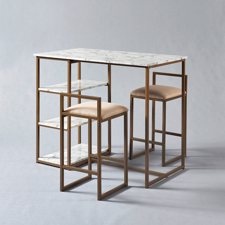 Elegant Faux Marble & Brass Finish Bistro Dining Set with 2 Padded Chairs