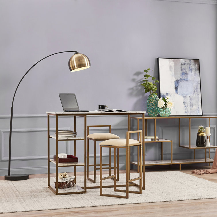 Elegant Faux Marble & Brass Finish Bistro Dining Set with 2 Padded Chairs