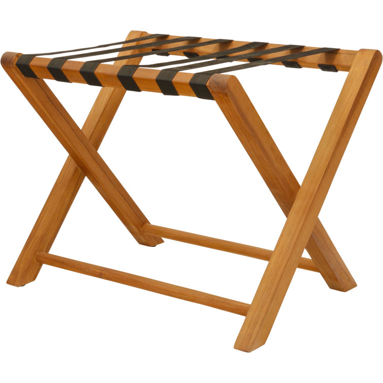 Solid Teak Folding Luggage Rack with Black Straps