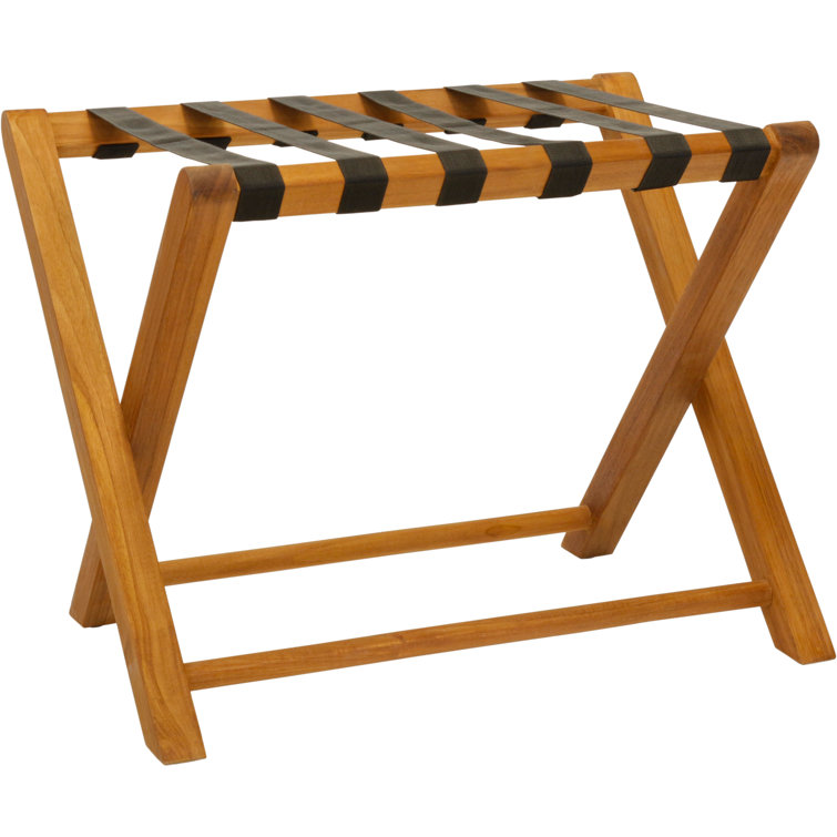 Solid Teak Folding Luggage Rack with Black Straps