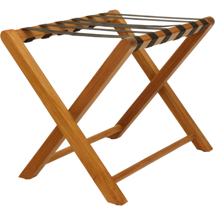 Solid Teak Folding Luggage Rack with Black Straps