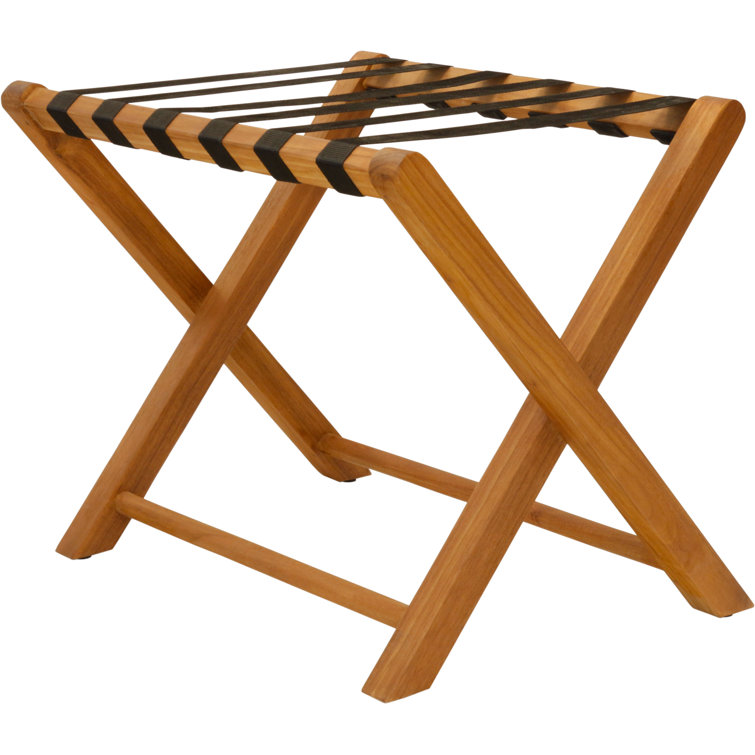 Solid Teak Folding Luggage Rack with Black Straps
