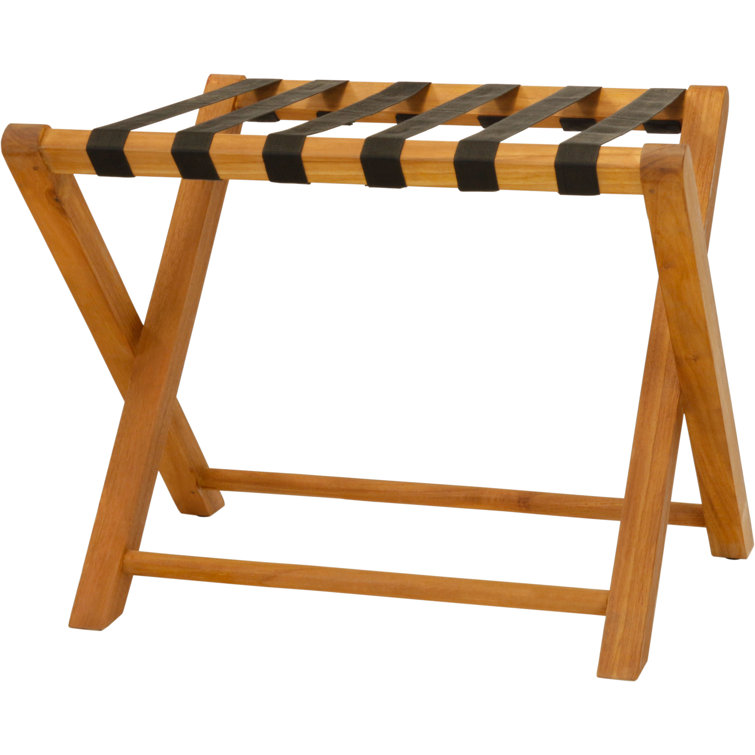 Solid Teak Folding Luggage Rack with Black Straps