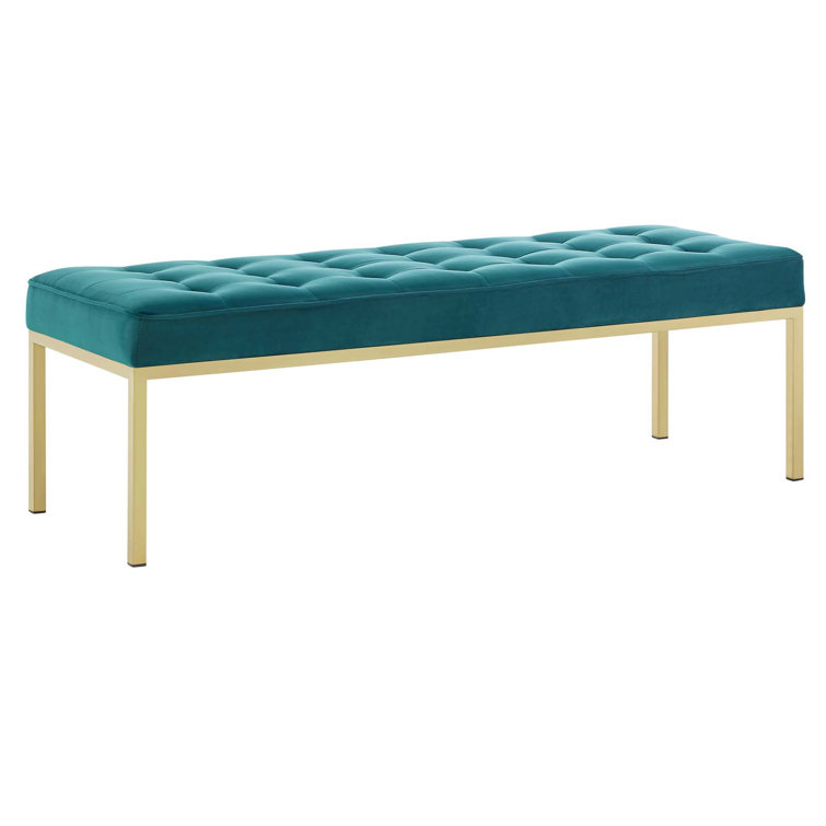 Mid-Century Modern Teal Performance Velvet Bench with Gold Stainless Steel Legs