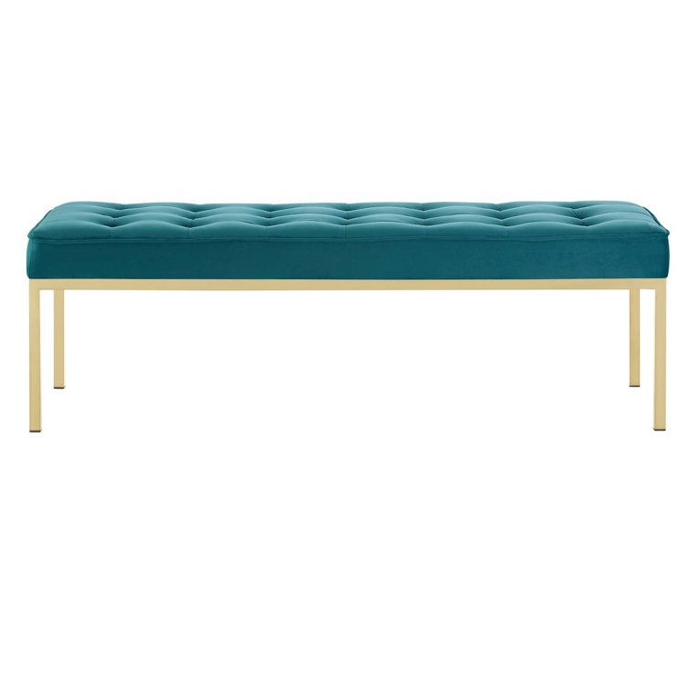 Mid-Century Modern Teal Performance Velvet Bench with Gold Stainless Steel Legs