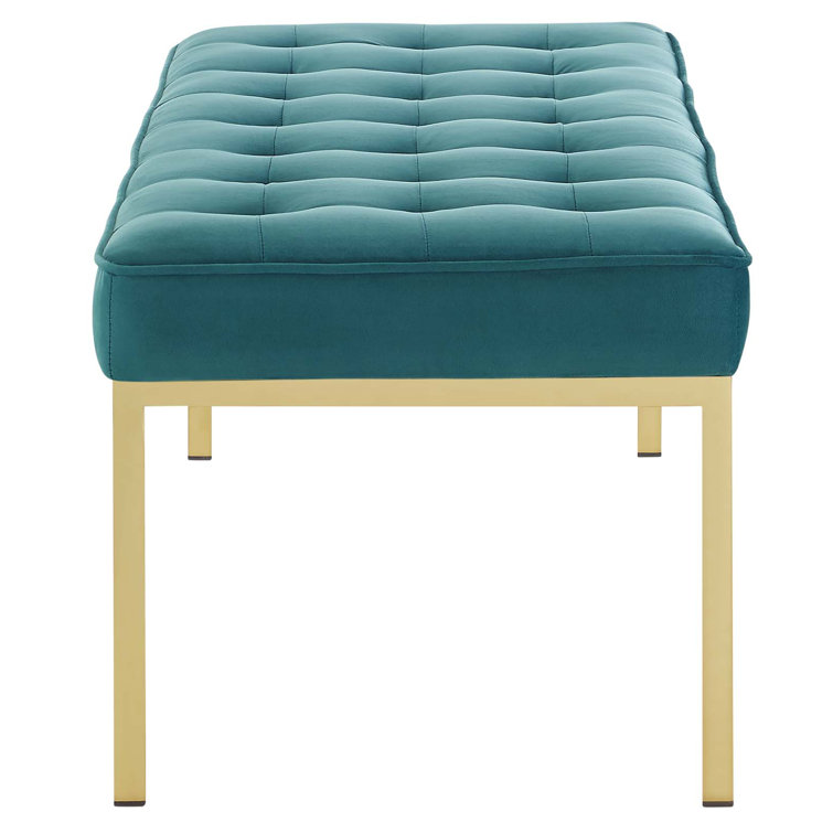 Mid-Century Modern Teal Performance Velvet Bench with Gold Stainless Steel Legs