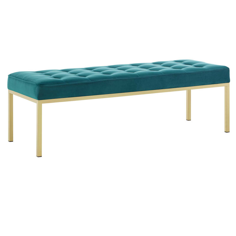 Mid-Century Modern Teal Performance Velvet Bench with Gold Stainless Steel Legs