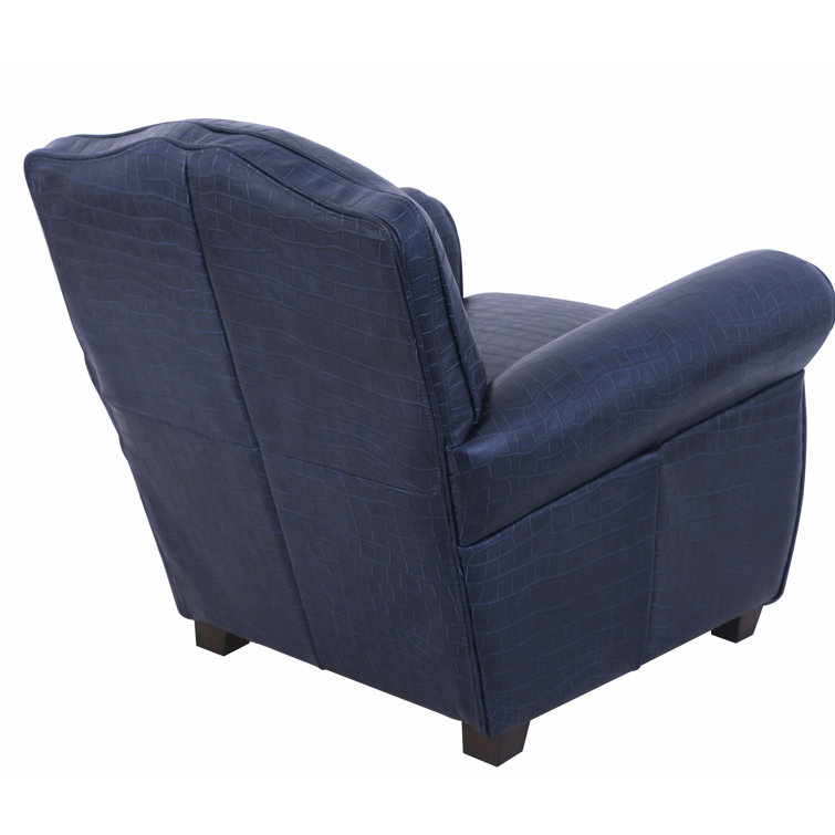 Navy Blue Crocodile Embossed Leather Wingback Chair with Dark Brown Legs