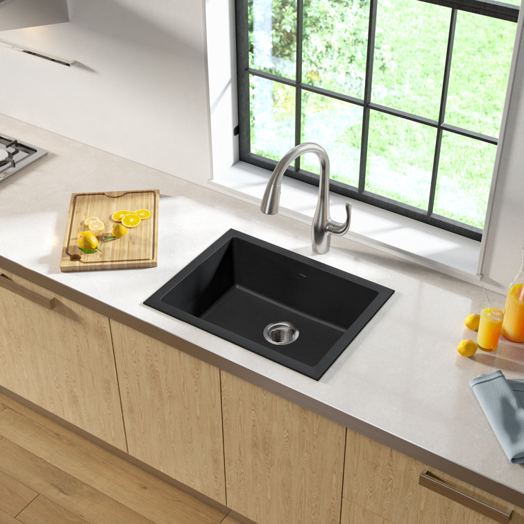 24-Inch Black Granite Drop-In Single Bowl Kitchen Sink