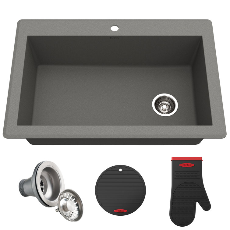 Gray 33-Inch Single Bowl Granite Drop-In Kitchen Sink