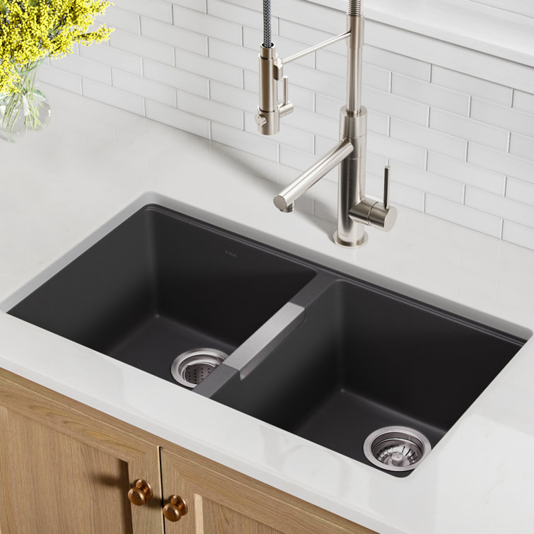 KRAUS 33 inch L Undermount 50/50 Double Bowl Black Onyx Granite Kitchen Sink
