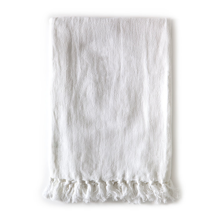 Natural Linen Knitted Throw Blanket with Fringe