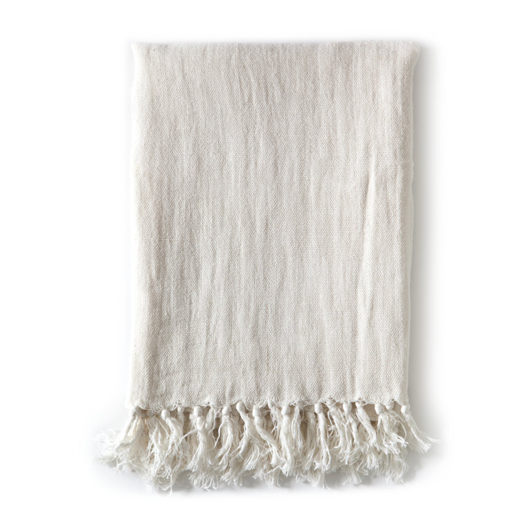 Natural Linen Knitted Throw Blanket with Fringe