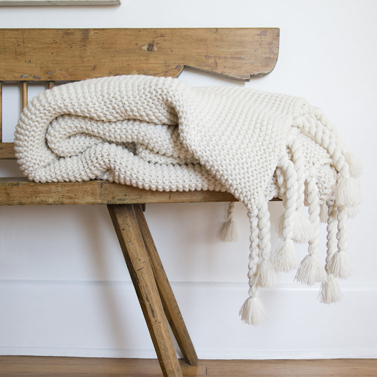 Trestles Chunky Knit Braided Tassel Throw - White