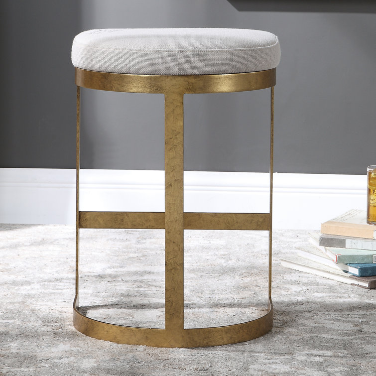 Antique Gold Metal Backless 26" Counter Stool with Linen Seat