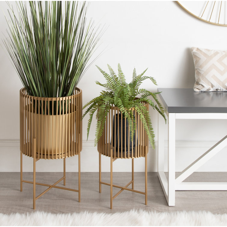 Gold Metal Cylindrical Plant Stands - Set of 2
