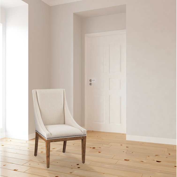 Cream Linen Upholstered Accent Chair with Brown Wood Frame