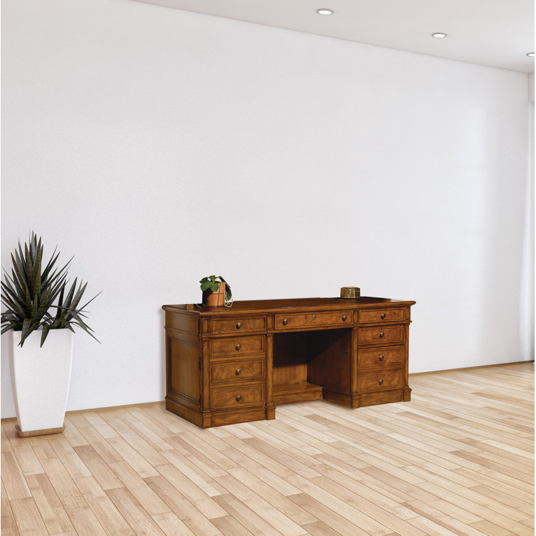 Brown Wood Executive Desk with Drawers and Power Outlet