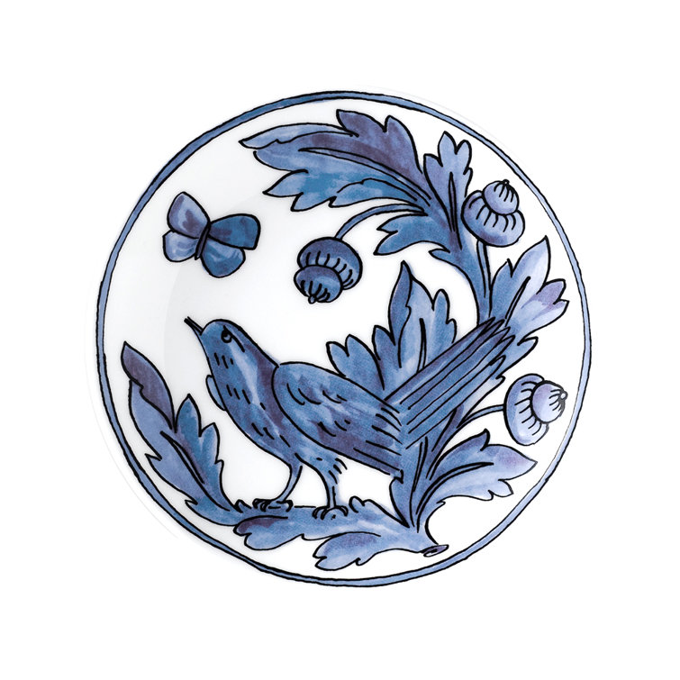 Blue Bird Porcelain Bread Plates with Floral Print, Set of 2