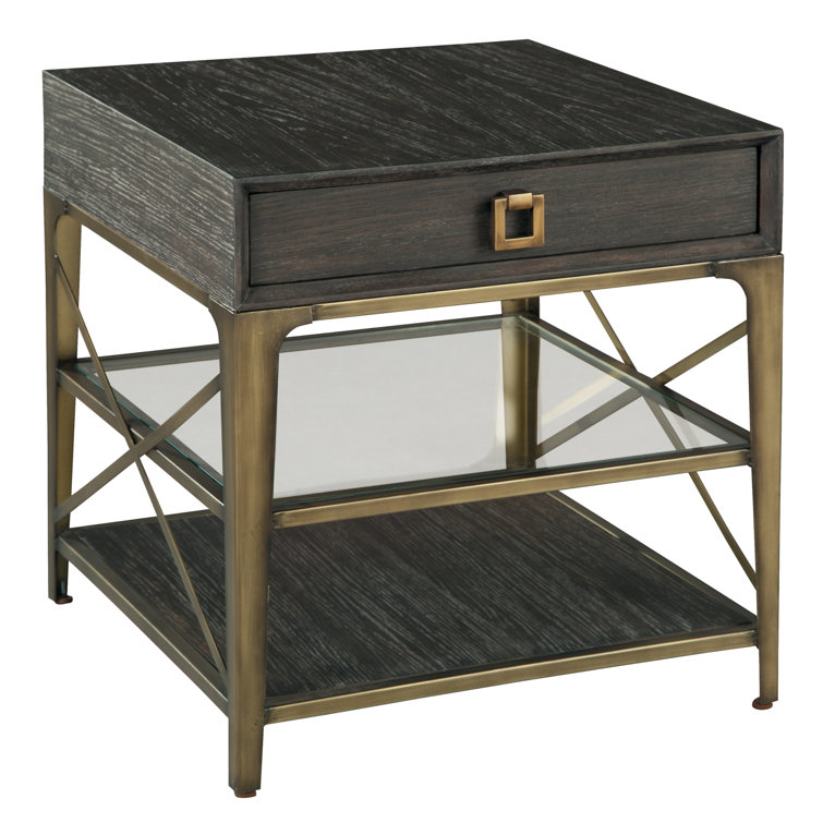 Edgewater Brown and Gold Wood Metal Lamp Table with Drawer